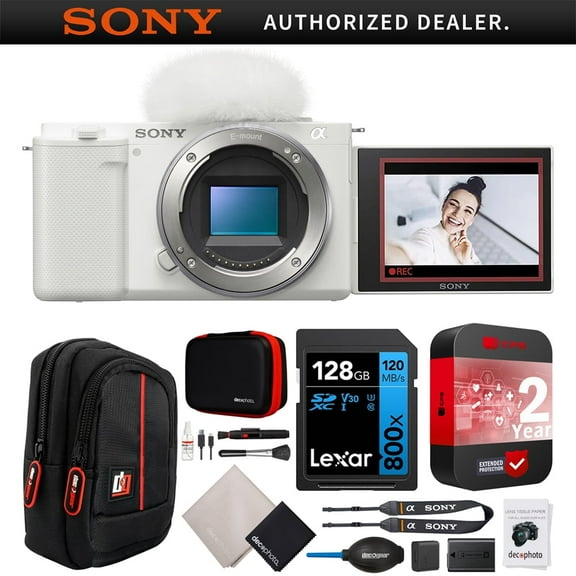 Sony ZV-E10 Mirrorless Alpha APS-C Interchangeable Lens Vlog Camera Body ILCZV-E10/W White Bundle with CPS 2 YR Extended Protection Pack + Deco Gear Case + 128GB Memory Card| Official Sony USA Dealer