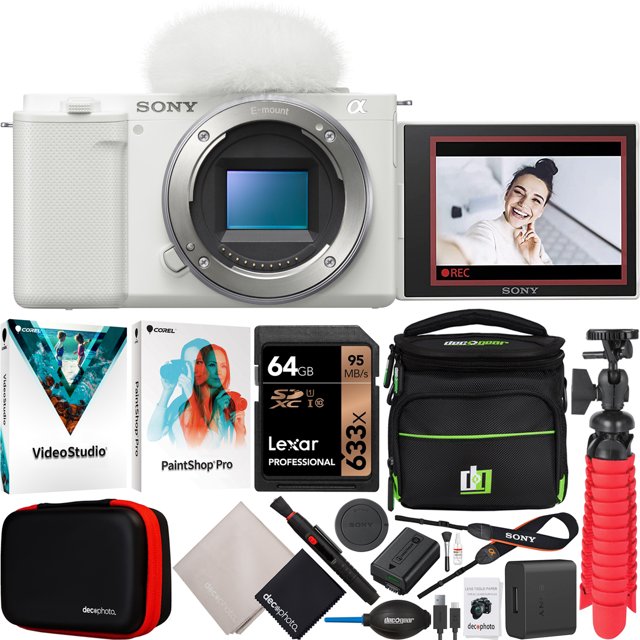 Sony ZV-E10 Mirrorless Alpha APS-C Interchangeable Lens Vlog Camera Body ILCZV-E10/W White Bundle with Deco Gear Photography Case + Photo Video Software + Compact Tripod & Accessories Kit