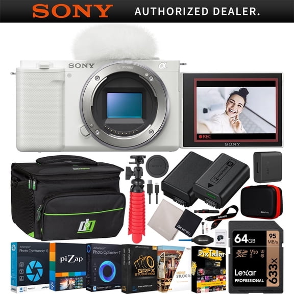 Sony ZV-E10 Mirrorless Alpha APS-C Interchangeable Lens Vlog Camera (Body, White) ILCZV-E10/W Bundle with Deco Gear Photography Case + Extra Battery + Photo Video Software & Accessories Kit