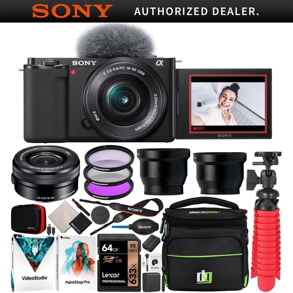 Sony ZV-E10 Mirrorless Alpha APS-C Vlog Camera & 16-50mm F3.5-5.6 Zoom Lens Ilczv-E10L/B Black Bundle w/ Deco Gear Case+Filters+Wide Angle & Telephoto Lenses+Accessories Kit| Official Sony USA Dealer