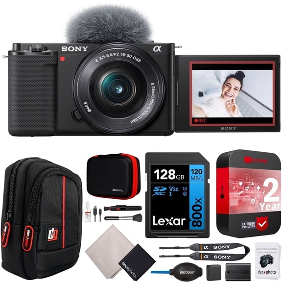 Sony ZV-E10 Mirrorless Alpha APS-C Vlog Camera Body and 16-50mm F3.5-5.6 Zoom Lens ILCZV-E10L/B Black Bundle with CPS 2 YR Extended Protection Pack + Deco Gear Case + 128GB Card & Accessories Kit