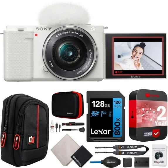 Sony ZV-E10 Mirrorless Alpha APS-C Vlog Camera Body and 16-50mm F3.5-5.6 Zoom Lens ILCZV-E10L/W White Bundle with CPS 2 YR Extended Protection Pack + Deco Gear Case + 128GB Card & Accessories Kit