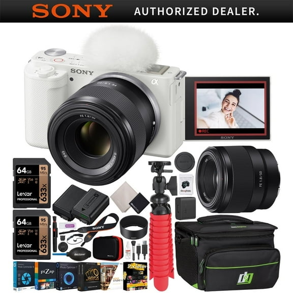 Sony ZV-E10 Mirrorless Alpha APS-C Vlog Camera Body and 50mm F1.8 Large Aperture FE Lens SEL50F18F ILCZV-E10/W White Bundle with Deco Gear Case + Extra Battery + Photo Kit| Official Sony USA Dealer