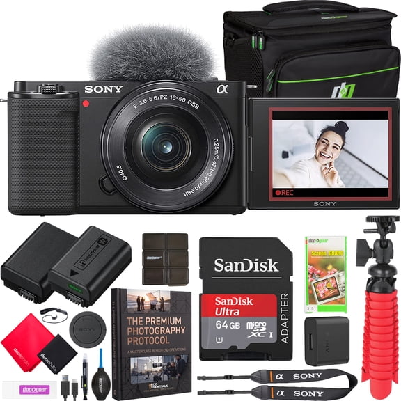 Sony ZV-E10 Mirrorless Alpha APS-C Vlog Camera w/16-50mm F3.5-5.6 Zoom Lens ILCZV-E10L/B Black Bundle with Deco Gear Photography Case + Extra Battery + Photo Software Kit | Official Sony USA Partner