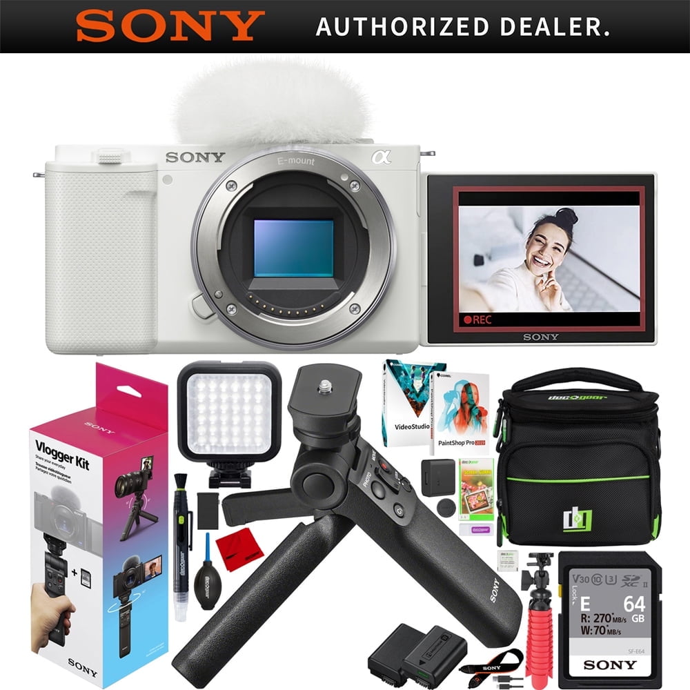 Sony ZV-E10 Mirrorless Alpha Interchangeable Lens Camera Body Vlogger Kit ILCZV-E10/W White Bundle with ACCVC1 including GP-VPT2BT Grip + Deco Gear Case + Extra Battery| Official Sony USA Dealer