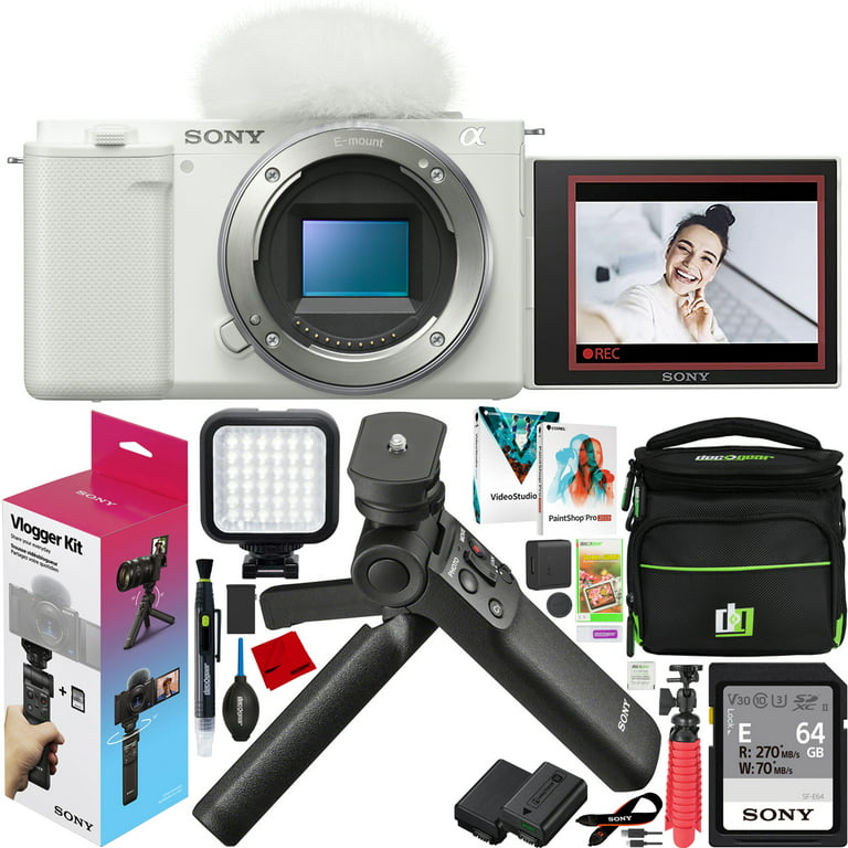 Sony ZV-E10 Mirrorless Alpha Interchangeable Lens Camera Body Vlogger Kit  ILCZV-E10/W White Bundle with ACCVC1 including GP-VPT2BT Grip + Deco Gear  Photography Case + Extra Battery & Accessories Kit 
