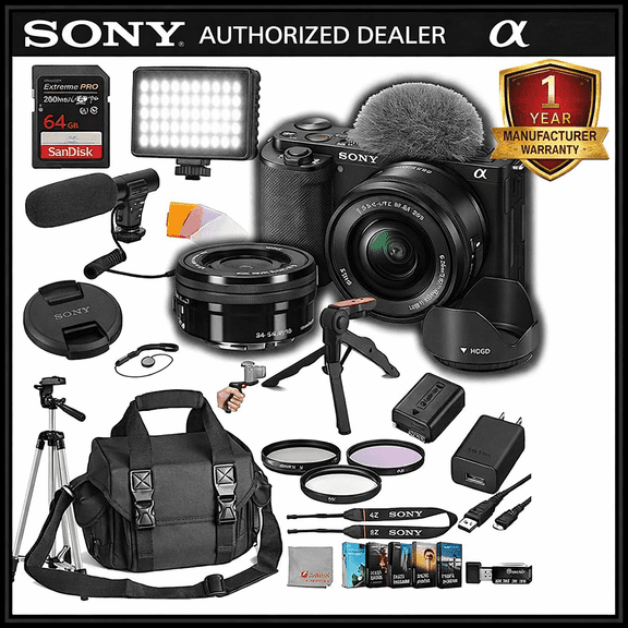 Sony ZV-E10 Mirrorless Camera with 16-50mm Lens 64GB Extreem Speed Memory,Video Microphone, LED Video Light, Case. Tripod, Filters, Hood, Grip, & Professional Video & Photo Editing Software Kit