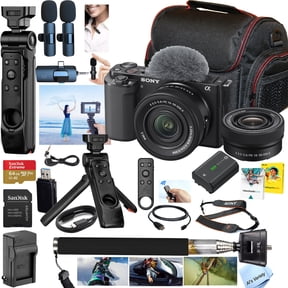 Sony ZV-E10 Mirrorless Camera with 16-50mm Lens + 64GB Memory, Wireless Microphones, Shooting Grip w/Remote Shutter, Selfie Stick, Case, Software, More (Pro Video Creator)-(International Model)