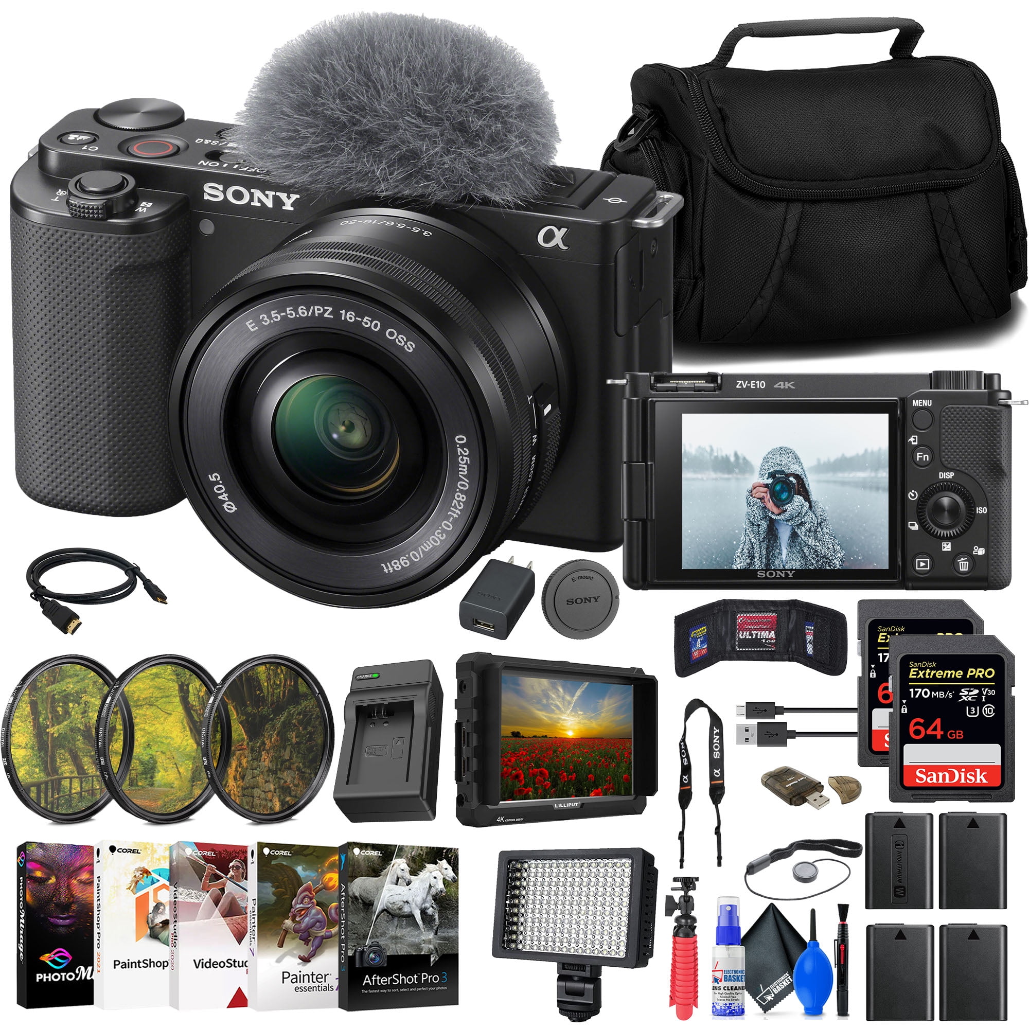 Sony ZV-E10 Mirrorless Alpha APS-C Vlog Camera Body and 16-50mm F3.5-5.6  Zoom Lens ILCZV-E10L/B Black Bundle with Deco Gear Case + Filter Set + Wide