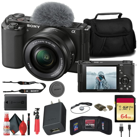 Sony ZV-E10 Mirrorless Camera (Black) with 16-50mm Lens, 4K Video, APS-C 24MP Sensor Bundle + 64GB Card and Accessories Professional kit with essential accessories (International Model)