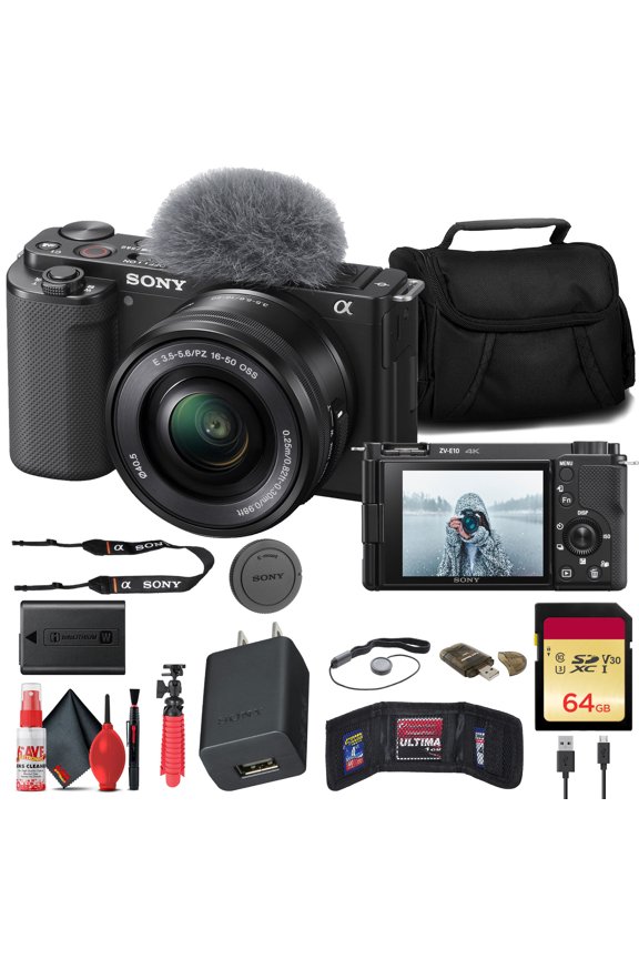 Sony ZV-E10 Mirrorless Camera (Black) with 16-50mm Lens, 4K Video, APS-C 24MP Sensor Bundle + 64GB Card and Accessories Professional kit with essential accessories (International Model)