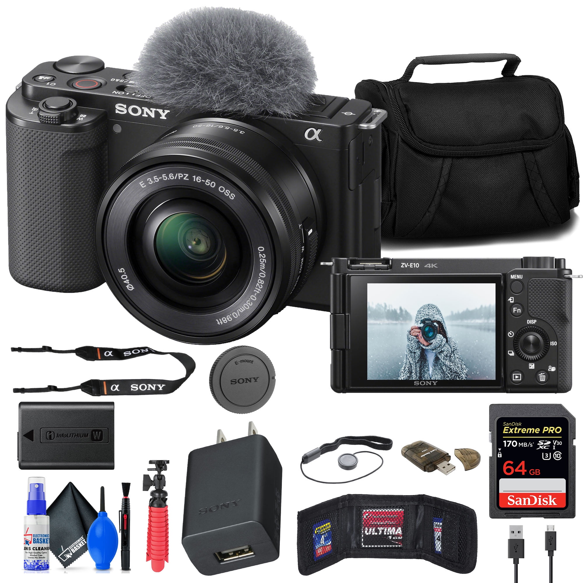 Sony ZV-E10 Mirrorless Camera with 16-50mm Lens (White) (ILCZV-E10L/W) +  Sony FE 24-70mm Lens + 64GB Memory Card + Filter Kit + External Charger +  NPF-W50 Battery + Card Reader + More 