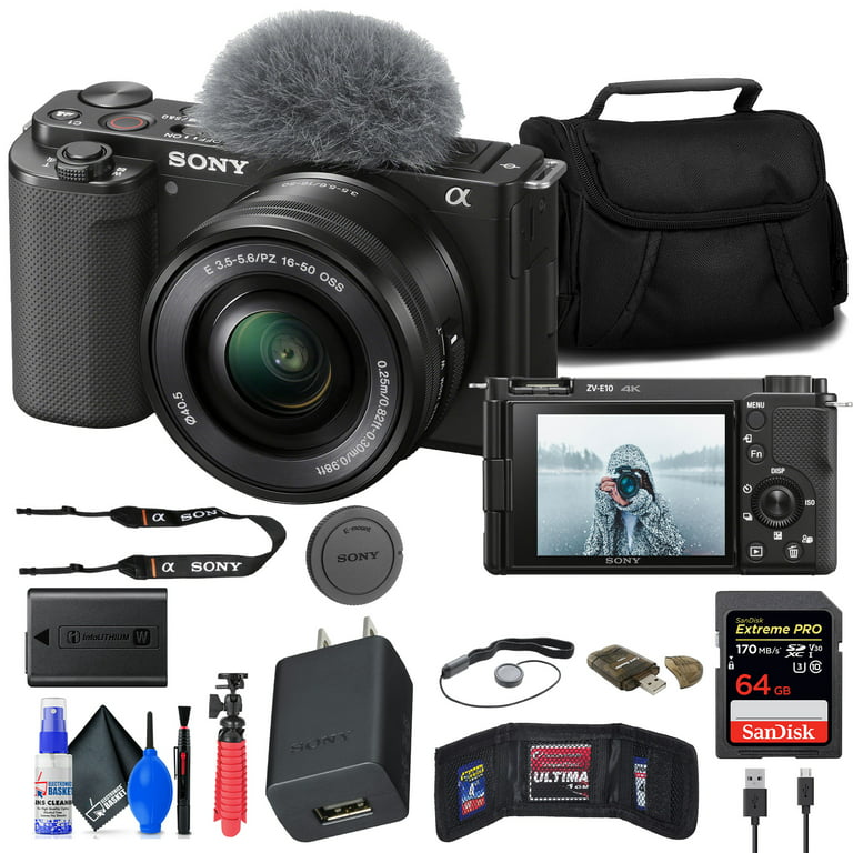 Sony ZV-E10 Mirrorless Camera with 16-50mm Lens (Black) (ILCZV-E10L/B) +  64GB Memory Card + Card Reader + Case + Flex Tripod + Memory Wallet + Cap 