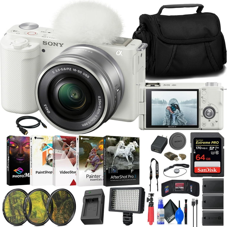 Sony ZV-E10 Mirrorless Camera with 16-50mm Lens (White) (ILCZV-E10L/W) +  64GB Memory Card + Filter Kit + LED Light + External Charger + 2 x NPF-W50  Battery + Card Reader + More 