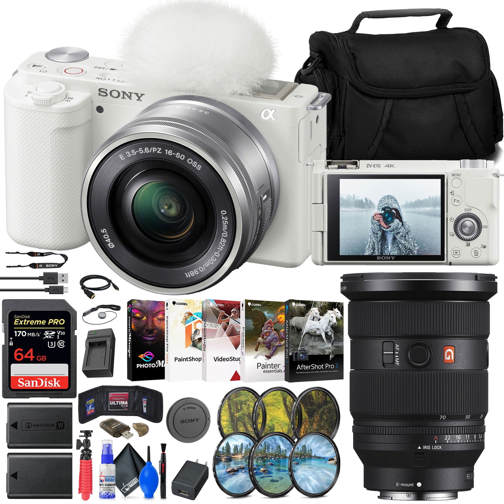 Sony ZV-E10 Mirrorless Camera with 16-50mm Lens (White) (ILCZV-E10L/W) +  Sony FE 24-70mm Lens + 64GB Memory Card + Filter Kit + External Charger +  