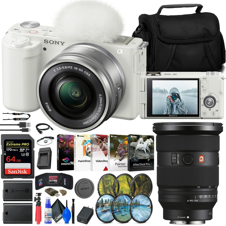Sony ZV-E10 Mirrorless Camera with 16-50mm Lens (White) (ILCZV-E10L/W) +  Sony FE 24-70mm Lens + 64GB Memory Card + Filter Kit + External Charger +  NPF-W50 Battery + Card Reader + More 