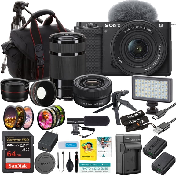 Sony ZV-E10 Mirrorless Camera w/ 16-50mm II & 55-210mm Lenses + 64GB Memory, LED Light, Extra Battery, Case & Tripods (International Version, No Manufacturer Warranty)