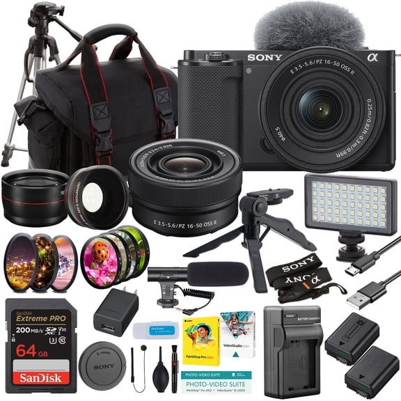 Sony ZV-E10 Mirrorless Camera w/ 16-50mm II Lens + 64GB Memory, LED Light, Extra Battery, Case, Charger & Tripods (International Version, No Manufacturer Warranty)