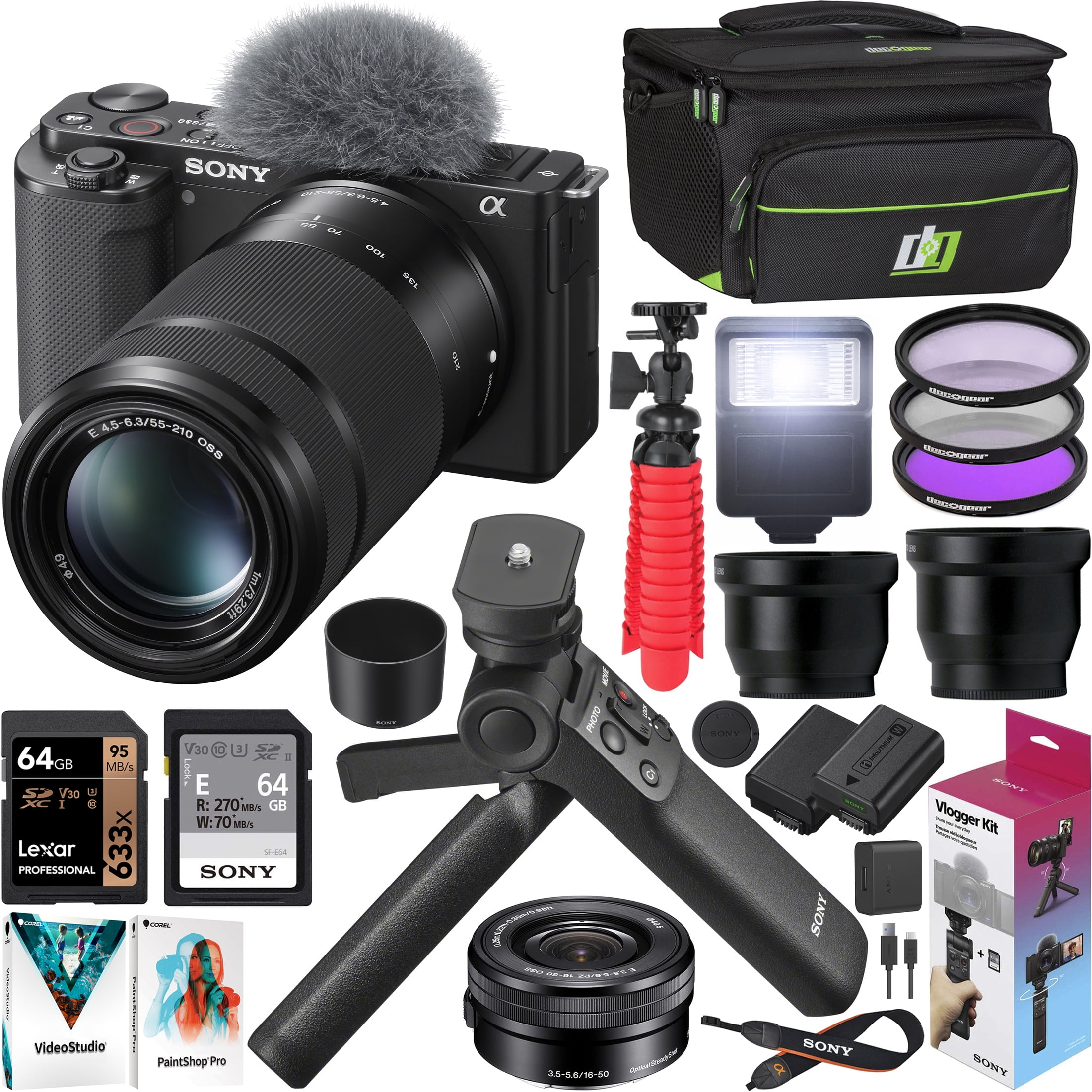 Sony ZV-E10 Mirrorless Camera 2 Lens Vlogger Kit 16-50mm + 55-210mm  Ilczv-E10L/B Black Bundle with ACCVC1 Including GP-VPT2BT Grip + Filters +  Wide 