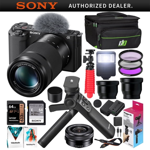 Sony ZV-E10 Mirrorless Camera 2 Lens Vlogger Kit 16-50mm + 55-210mm ILCZV-E10L/B Black Bundle with ACCVC1 including GP-VPT2BT Grip + Filters + Wide & Telephoto Lenses + Deco Gear Case & Accessories