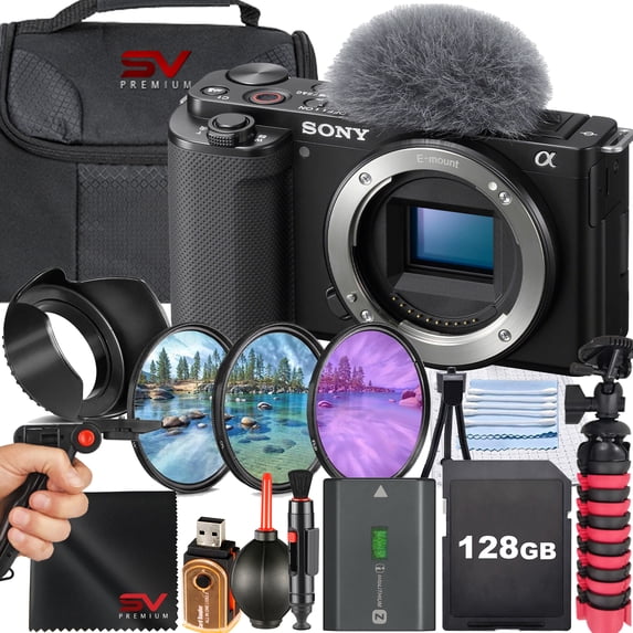 Sony ZV-E10 Mirrorless Camera (Black, Body Only) + SanDisk 128GB Memory Card + Tripod + SV Premium Accessory Bundle (International Version)