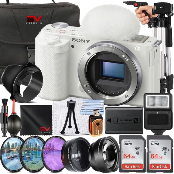 Sony ZV-E10 Mirrorless Camera (Body Only, White) + 2 Pack SanDisk 64GB Memory Card + Case + Flash + SV Premium Accessory Bundle (International Version)