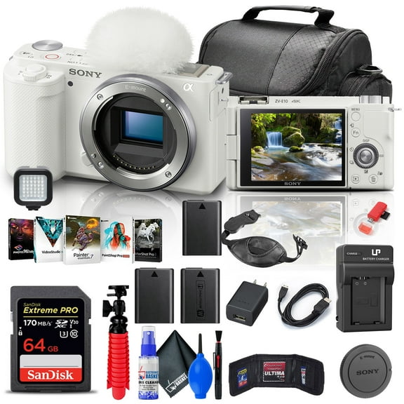 Sony ZV-E10 Mirrorless Vlog Camera (White) Body Only Bundle including 64GB Card, 2 x NPF-W50 Batteries, External Charger, Bag, LED Light and Tripod (International Model)