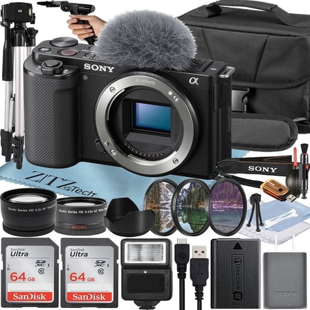 Sony ZV-E10 Mirrorless Camera (Body) with 2 Pack 64GB Memory Card + Flash + Tripod + Case + ZeeTech Accessory Bundle (Black) (International Version)