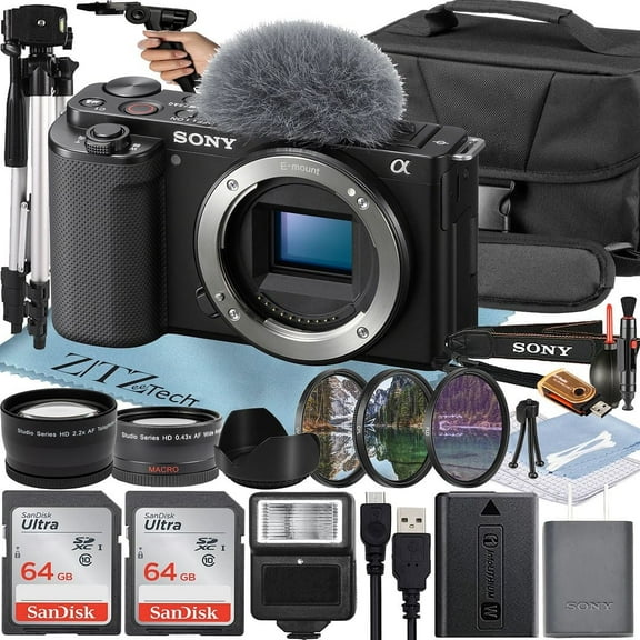Sony ZV-E10 Mirrorless Camera (Body) with 2 Pack 64GB Memory Card + Flash + Tripod + Case + ZeeTech Accessory Bundle (Black) (International Version)