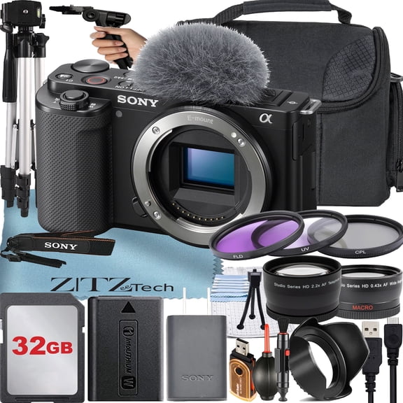 Sony ZV-E10 Mirrorless Camera (Body) with 32GB Memory Card + Filter Kit + Tripod + Case + ZeeTech Accessory Bundle (Black) (International Version)