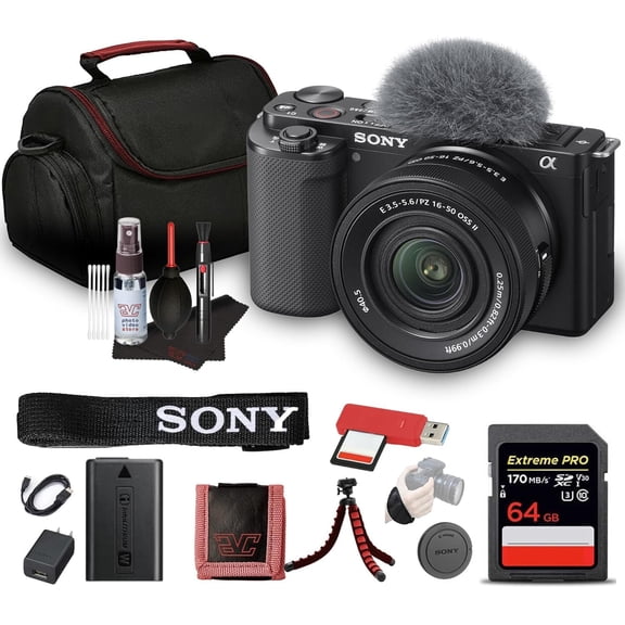 Sony ZV-E10 Mirrorless Camera Kit With 16-50mm II Power Zoom Lens (Black) | APS-C Sensor | Compact Creator Tool + 64GB Card + Bag + Card Reader + HDMI Cable + Flex Tripod + Hand Strap + More