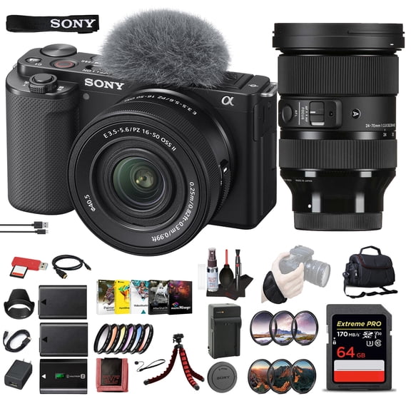 Sony ZV-E10 Mirrorless Camera Kit With 16-50mm II Power Zoom Lens (Black) | APS-C Sensor | Compact Creator Tool + Sony 18-105mm Lens + 4K Monitor + Pro Mic + 2 x 64GB Card + More