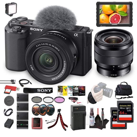 Sony ZV-E10 Mirrorless Camera Kit With 16-50mm II Power Zoom Lens (Black) | APS-C Sensor | Compact Creator Tool + Sony E 10-18mm Lens + 4K Monitor + Pro Mic + 2 x 64GB Card + More