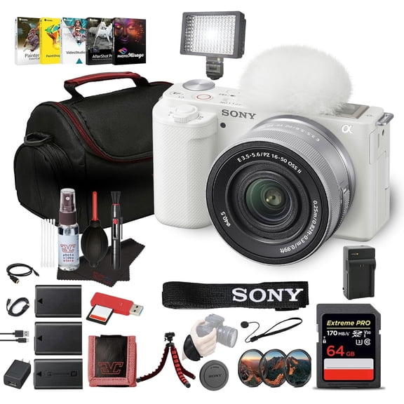 Sony ZV-E10 Mirrorless Camera Kit With 16-50mm II Power Zoom Lens (White) | APS-C Sensor | Compact Creator Tool + 64GB Card + Filter Kit + Photo Software + Bag + 2 x NPF-W50 Battery + More