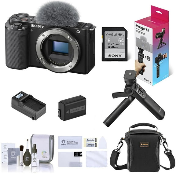 Sony ZV-E10 Mirrorless Interchangeable Lens Vlog Camera, Black - Bundle with Vlogger Accessory Kit, Shoulder Bag, Screen Protector, Extra Battery, Charger, Cleaning Kit