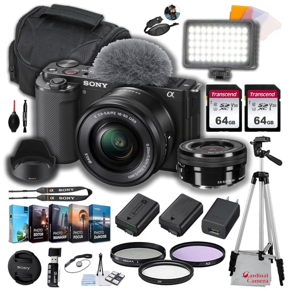 Sony ZV-E10 Mirrorless Camera with Sony E PZ 16-50mm OSS Lens   LED Video Light   64GB Memory (2pc), Filters, Spare Battery, Editing Software, Tripod & More