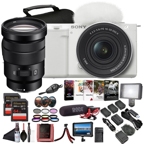 Sony ZV-E10 Mirrorless Camera White with 16-50mm Power Zoom Lens (ILCZV-E10L)  24.2 MP APS-C Sensor, 4K Video, Vari-Angle Screen w/ 18-105mm Lens, 4K Monitor, Pro Mic, 2 x 64GB Card and More
