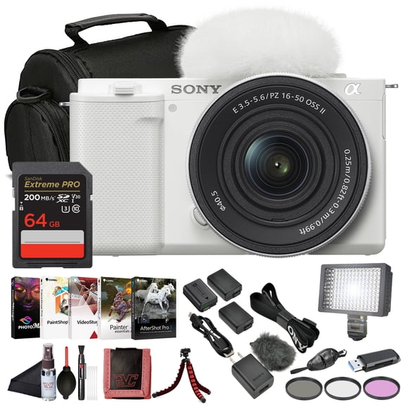 Sony ZV-E10 Mirrorless Camera White with 16-50mm Power Zoom Lens (ILCZV-E10L) – 24.2 MP APS-C Sensor, 4K Video, Vari-Angle Screen w/ 64GB Card, Photo Software, 2 x NPF-W50 Battery and More