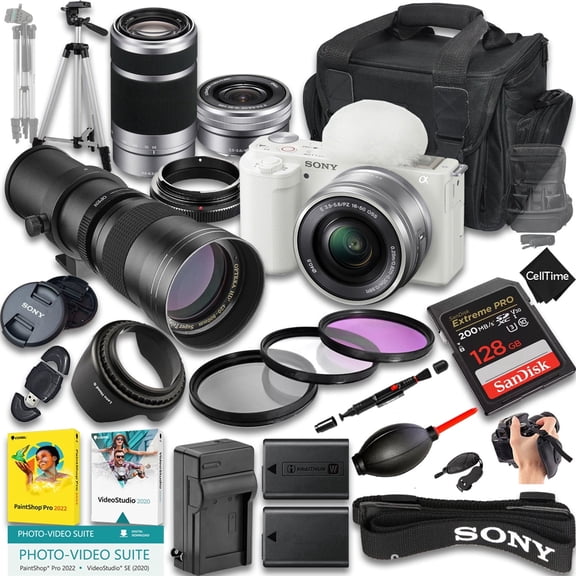 Sony ZV-E10 Mirrorless Camera (White) International Version (No Manufacturer Warranty) w/ 16-50mm, 55-210mm & 420-800mm Lenses + 128GB + Case (27-Pc Bundle)