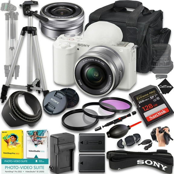 Sony ZV-E10 Mirrorless Camera (White) w/ E PZ 16-50mm OSS Lens, 128GB Memory, Extra Battery, Camera Case, Tripod & More (22pc Bundle) (International Version)