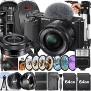 Sony ZV-E10 Mirrorless Camera with 16-50mm Lens + 2 Pack 64GB Memory Card + Backpack + Filter Kit + Full Size Tripod + SV Premium Accessory Bundle International Version