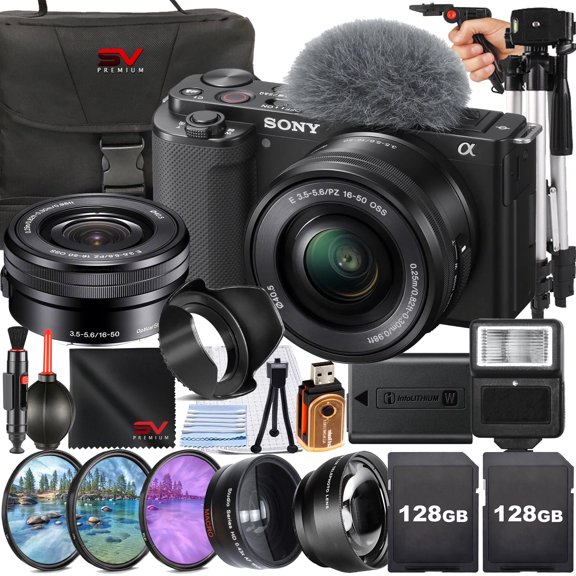Sony ZV-E10 Mirrorless Camera with 16-50mm Lens + 2 Pack SanDisk 128GB Memory Card + Case + Flash + SV Premium Accessory Bundle (International Version)