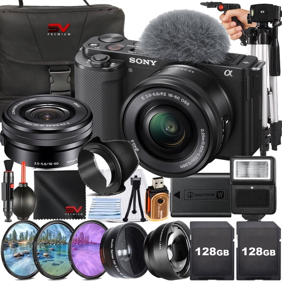 Sony ZV-E10 Mirrorless Camera with 16-50mm Lens + 2 Pack SanDisk 128GB Memory Card + Case + Flash + SV Premium Accessory Bundle (International Version)