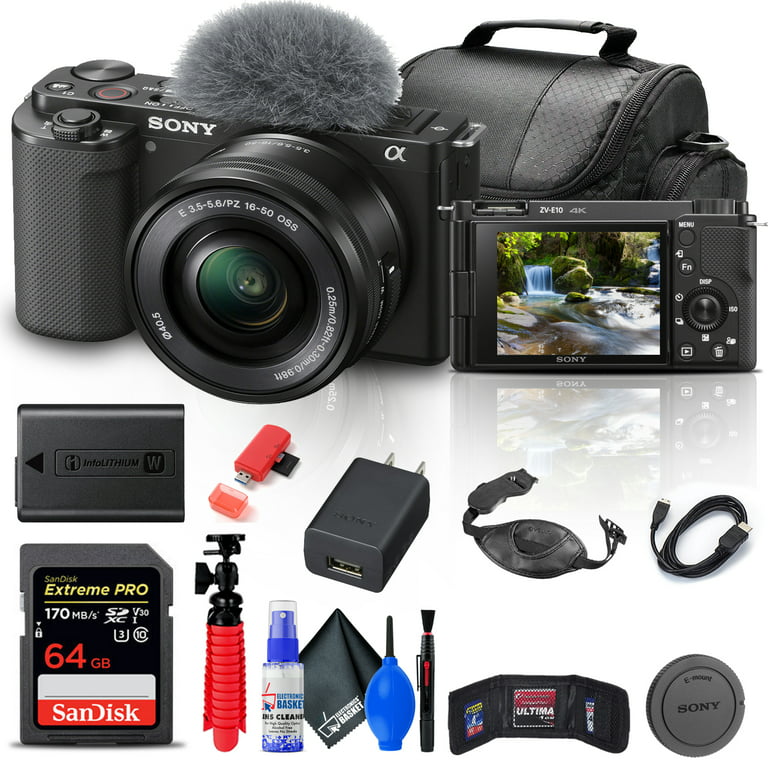 Sony ZV-E10 Mirrorless Camera with 16-50mm Lens + 64gb Memory Card + Bag + More, Black