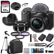 Sony ZV-E10 Mirrorless Camera with 16-50mm Lens 64GB Memory, Case. Tripod, Filters, Hood, Grip, Professional Video & Photo Editing Software Kit