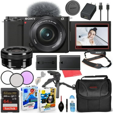 Sony ZV-E10 Mirrorless Camera with 16-50mm Lens (Black) Bundle   Accessory Package including 64GB Extreme, Filters, Case, Software & More