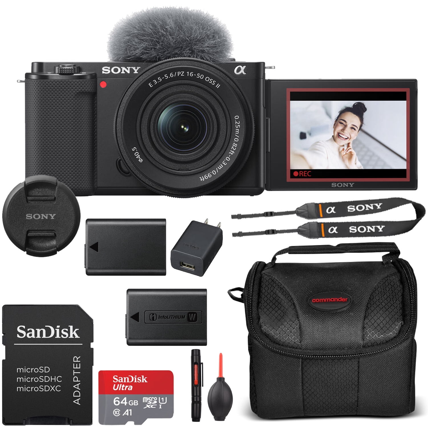 Sony ZV-E10 Mirrorless Camera with 16-50mm Lens Bundle + Extra Battery, 64GB Memory Card, Case & More (International Version)