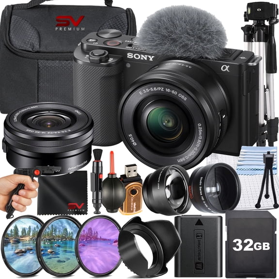 Sony ZV-E10 Mirrorless Camera with 16-50mm Lens + SanDisk 32GB Memory Card + Case + Filter Kit + SV Premium Accessory Bundle (International Version)