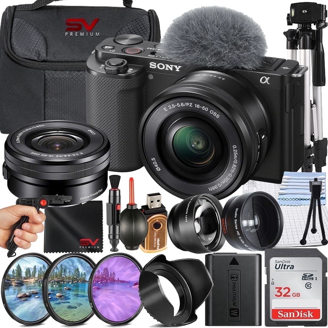 Sony ZV-E10 Mirrorless Camera with 16-50mm Lens + SanDisk 32GB Memory Card + Case + Filter Kit + SV Premium Accessory Bundle