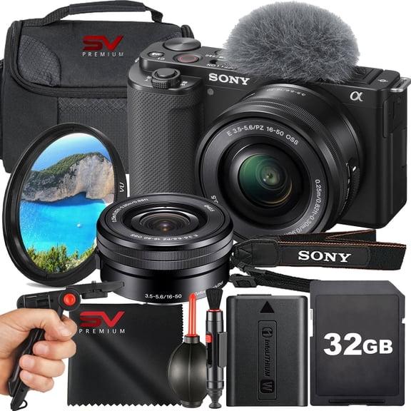 Sony ZV-E10 Mirrorless Camera with 16-50mm Lens + 32GB Memory Card + Pistol Grip Tripod + SV Premium Accessory Bundle (International Version)